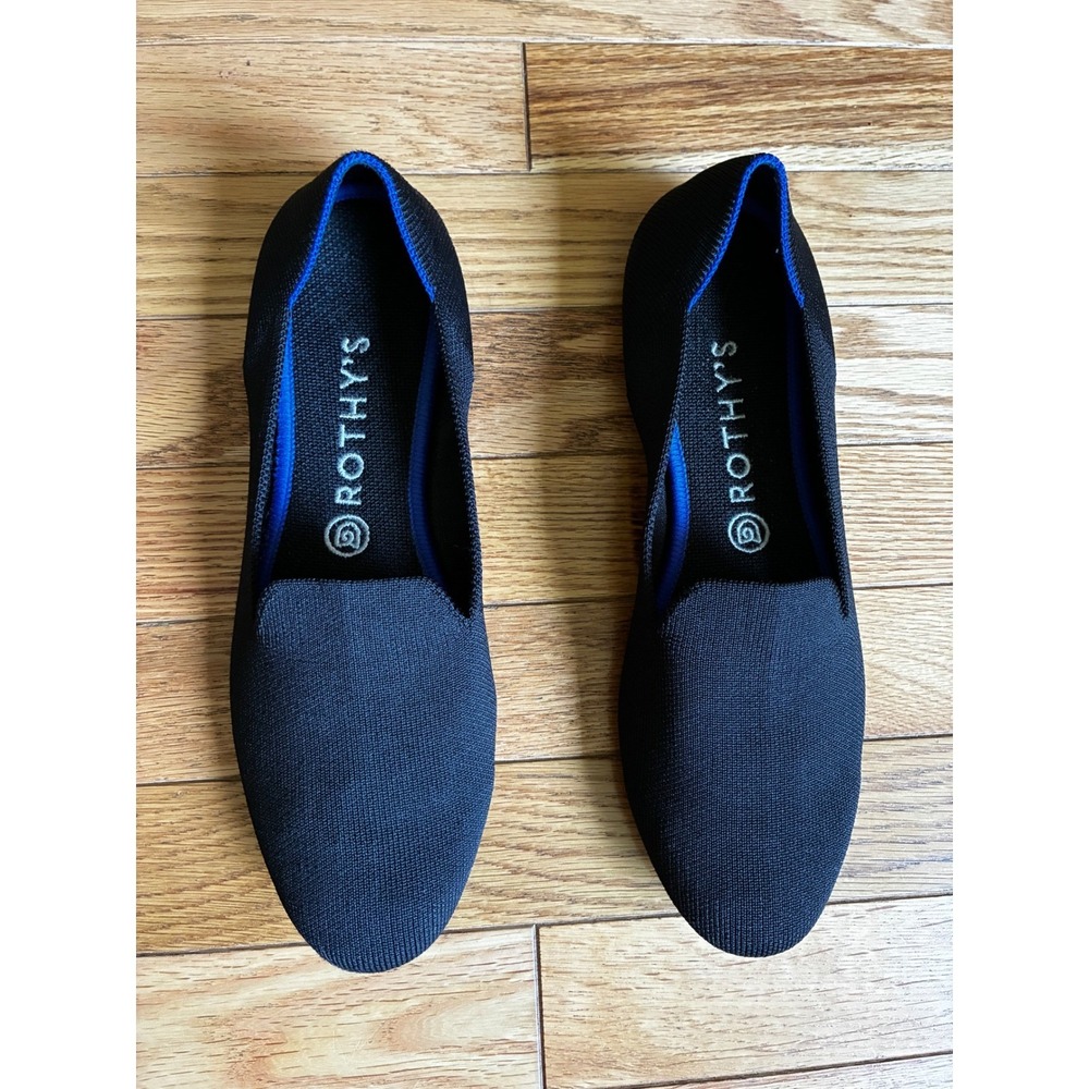 Rothys The Loafer Black Solid Knit Flats Womens Size 10 Round Toe Blue Halo Trim - Picture 2 of 7